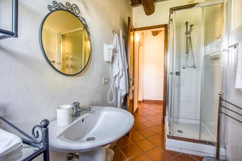 a bathroom with a sink and a shower and a mirror at Glicine ad Antico Casale '700 in Umbertide