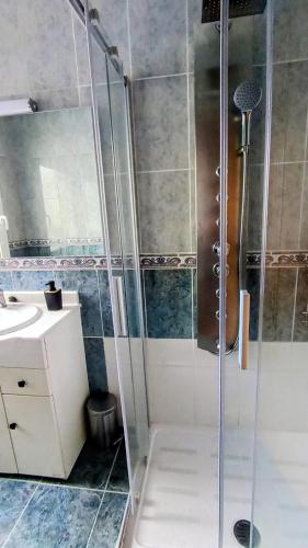 a shower with a glass door in a bathroom at El balcón de Mafalda in Villarcayo