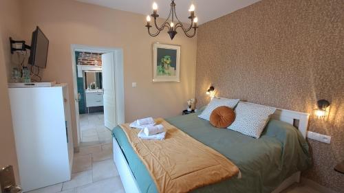 a bedroom with a bed and a chandelier at Dans colombier proche de Vichy parking privé in Vichy