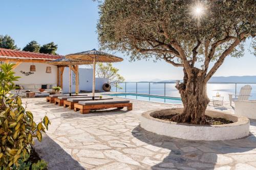 a patio with a tree and a pool at Archodiko Palio Klima - Infinite Blue Elegance in Neo Klima