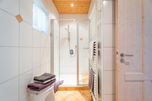 a bathroom with a shower and a toilet at Ferienwohnung Gartengeschoss in Durbach