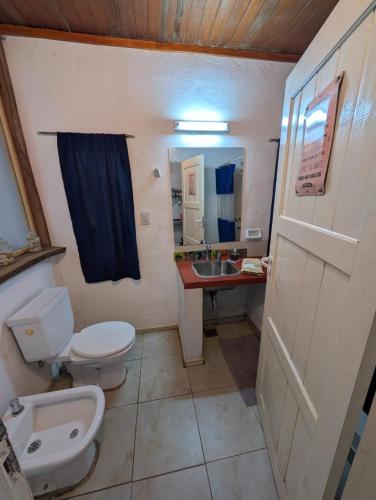 a bathroom with a toilet and a sink and a mirror at Aloha hospedaje in Puerto Iguazú