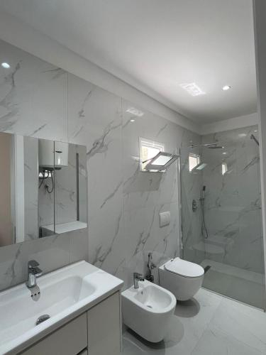a bathroom with a sink and a toilet and a shower at Golden Stay in Pogradec