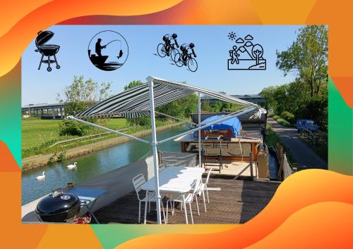 a collage of images of a river with a boat at Le logement du marinier in Eckwersheim