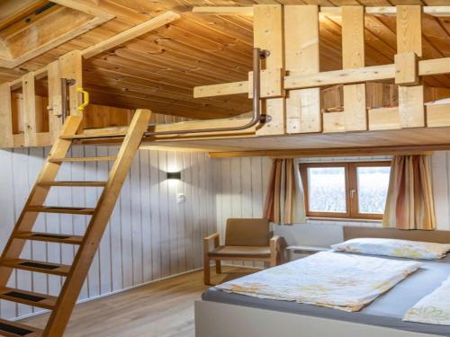 a bedroom with a bunk bed and a staircase at Ferienhof Mültner in Nordheim vor der Rhön