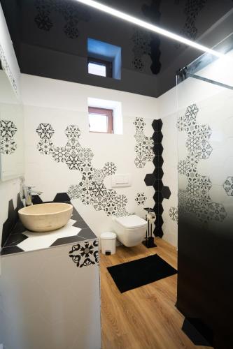 a bathroom with a toilet and a sink and a shower at Serafim's Suites Airport in Iaşi