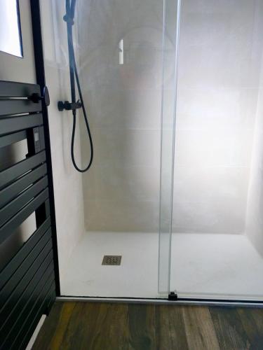 a shower in a bathroom with a glass door at Villa Myriam in Deauville