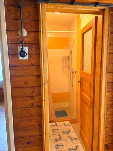 a bathroom with a shower and a wooden door at Chatičky pod Kamínkem Doksy in Doksy