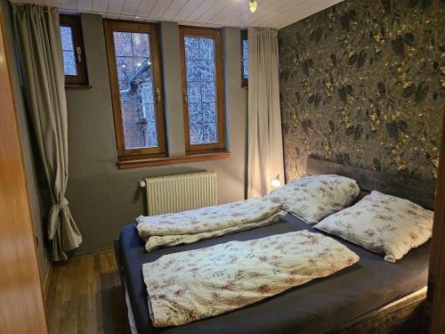 two beds in a bedroom with two pillows on them at Ferienhaus Rathausgasse in Büdingen