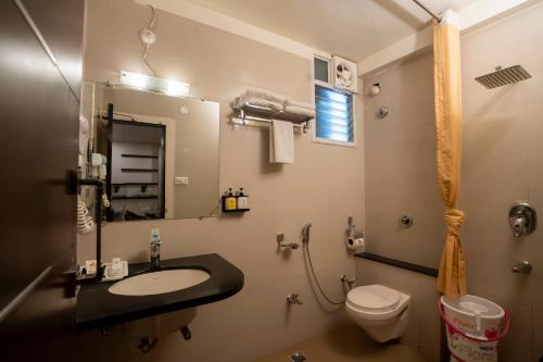 a bathroom with a sink and a toilet at Hotel Shree Vatika in Bhopal