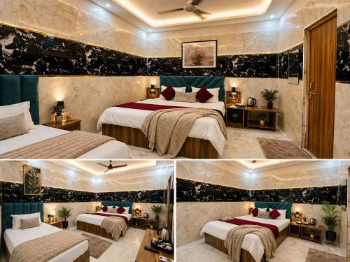 three pictures of a hotel room with two beds at Hotel Jyoti Stay Inn 2 Min to Ram Tample in Ayodhya