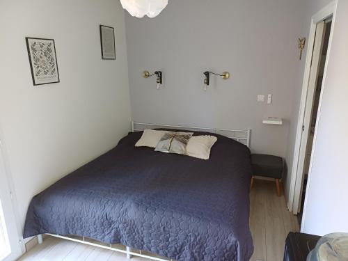 a bedroom with a blue bed in a room at Chambres d'hôtes à Raveau in Raveau
