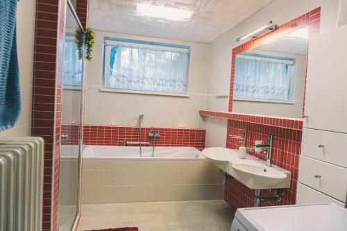 a bathroom with a bath tub and a sink at Dům cestovatele in Uherský Brod