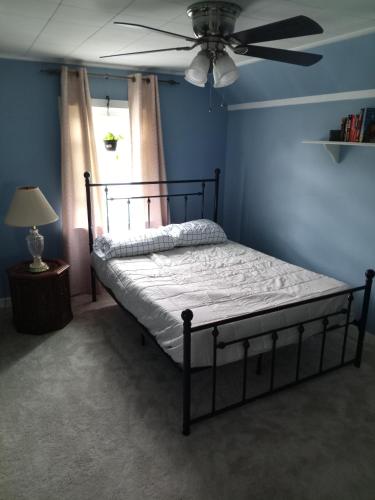 a bed in a blue room with a ceiling fan at Binghamton Studio in Binghamton