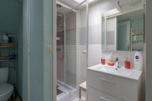 a bathroom with a white sink and a shower at Maison T2 - Le Boichot in Dole
