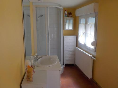 a white bathroom with a shower and a sink at gite 618 in Helfaut