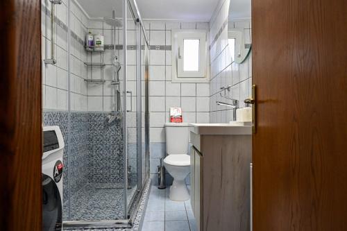 a bathroom with a shower and a toilet and a sink at Maison De La Mer in Paleo Tsifliki