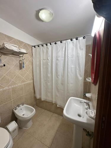 a bathroom with a white shower curtain and a sink at Hostería Patagonia Jarke in Ushuaia
