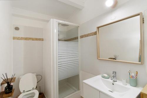 a bathroom with a toilet and a sink and a mirror at Mer et montagne à Conca in Conca
