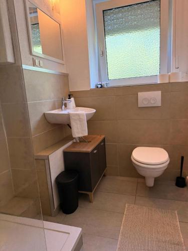 a bathroom with a sink and a toilet at Ferienwohnung Landskrone in Oppenheim