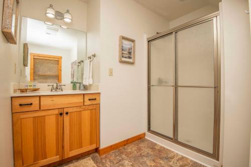 a bathroom with a shower and a sink at Above It All in Townsend
