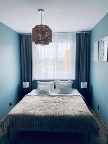 a bed in a blue bedroom with a window at Apartament u Liska in Rumia