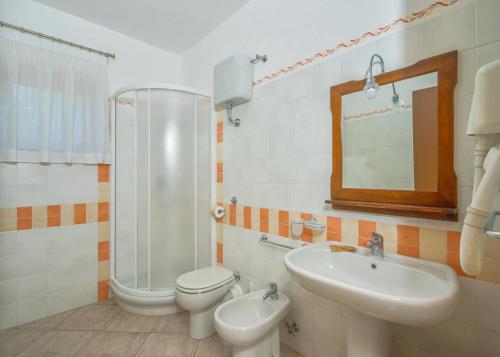 a bathroom with a sink and a toilet and a mirror at Agriturismo Parmenide in Castelnuovo Cilento