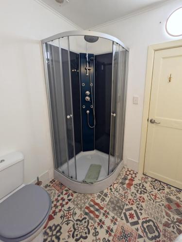 a bathroom with a shower with a toilet at Au Marron in Seissan