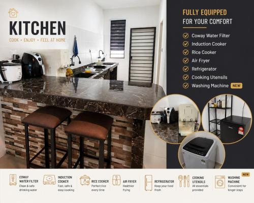 a flyer for a kitchen with a counter and stools at Homestay Medina Sendayan in Kampong Baharu Jimah