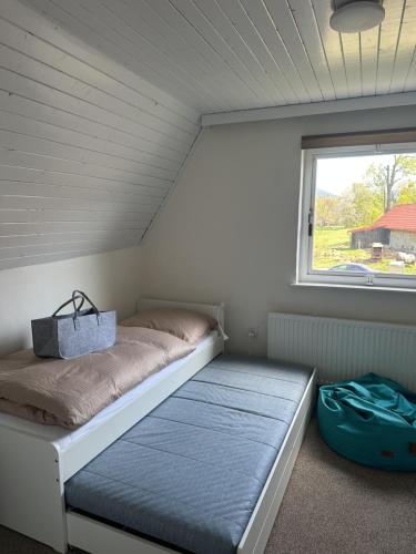 a bed in a room with a window at CHATA u BABULŮ in Morávka