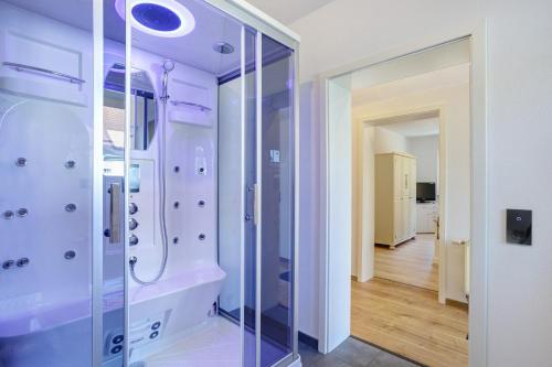 a bathroom with a shower with a glass door at Feriennest Balve in Balve