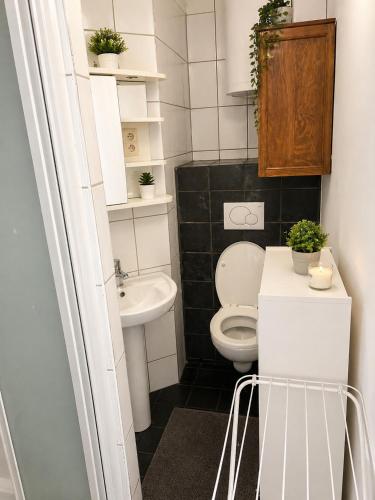 a small bathroom with a toilet and a sink at Appartement bien-être in Liège