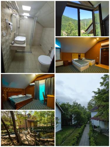 a collage of four pictures of a bathroom at Gabala Semerana Hotel Cottage in Gabala
