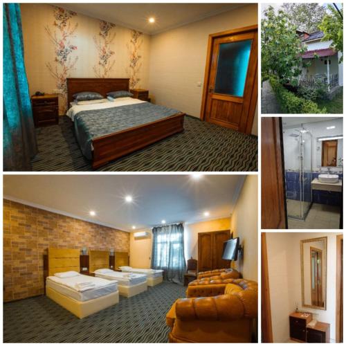 two pictures of a hotel room with a bed at Gabala Semerana Hotel Cottage in Gabala