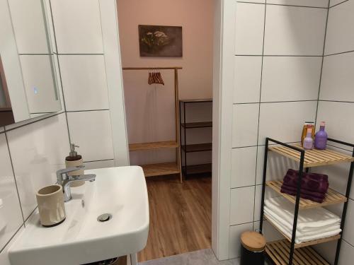 a bathroom with a sink and a mirror at Ferienwohnung Kirchenbauer in Rieding