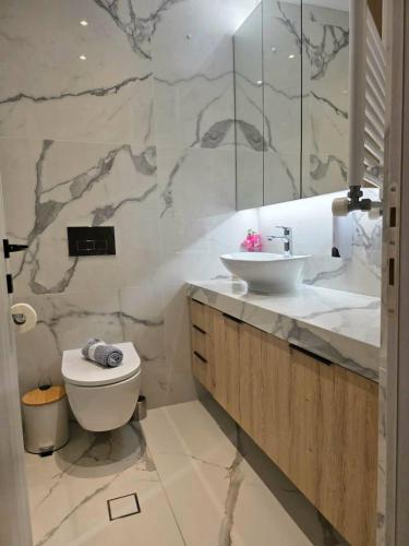 a bathroom with a white toilet and a sink at Dream Home Veria in Veria