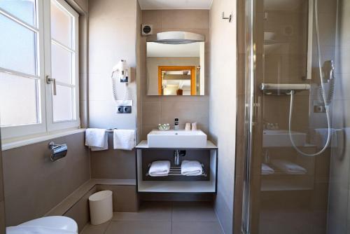 a bathroom with a sink and a shower at Hotel Restaurant Père Benoît in Entzheim