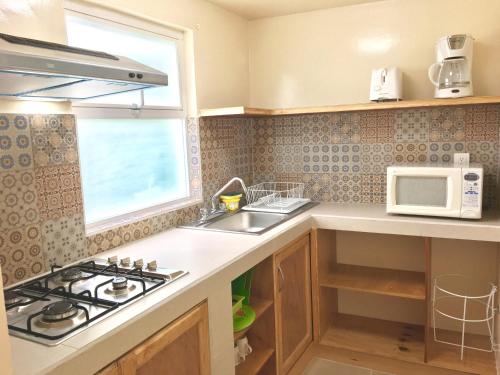 a kitchen with a sink and a microwave at Privada 400 in Pachuca de Soto