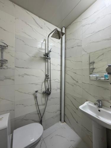 a bathroom with a shower and a toilet and a sink at Delfin Hotel Restaurant Spa Ailevi in Ganja