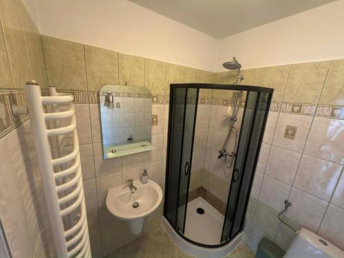 a bathroom with a shower and a sink at Domek Przy Potoku in Biały Dunajec