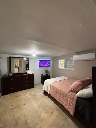 a bedroom with a bed and a dresser and a television at Casa Campo Vieques PR in Vieques
