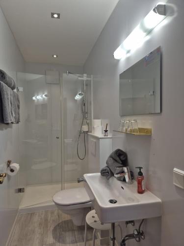 a bathroom with a shower and a sink and a toilet at Pyhrn Alps Inn "24h Self-Check-in-Hotel" in Spital am Pyhrn