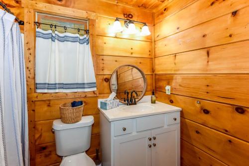 a bathroom with a toilet and a sink and a mirror at Tree Tops in Townsend