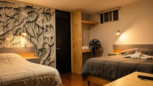 a bedroom with two beds and a cat laying on the bed at El Suburbio - Serapio Rendon in Morelia