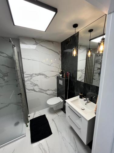 a bathroom with a sink and a toilet and a mirror at Apartament Calisia II in Kalisz