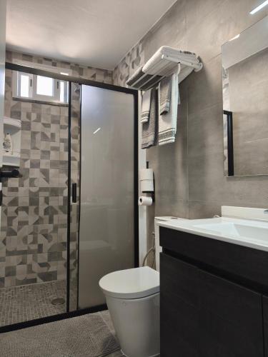 a bathroom with a toilet and a sink and a shower at O Refúgio in Mértola