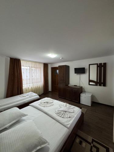 a hotel room with two beds and a television at Pensiunea Valea Galbenei in Arieşeni