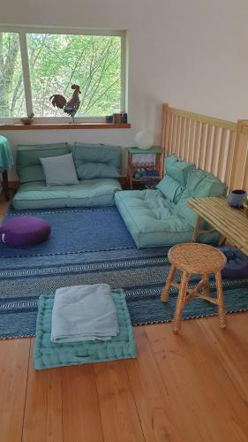 a living room with a couch and a table at Chambres d'hôtes, Le champ fleuri in La Châtre