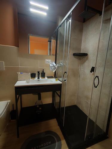 a bathroom with a sink and a shower at la mengola holiday and relax in Trivio