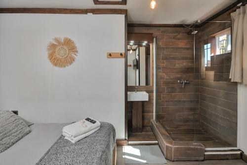 ein Hauptbadezimmer mit Dusche und ein Bett mit Dusche in der Unterkunft Casa Vigas, Ex-Rustika Hotel in Viña del Mar